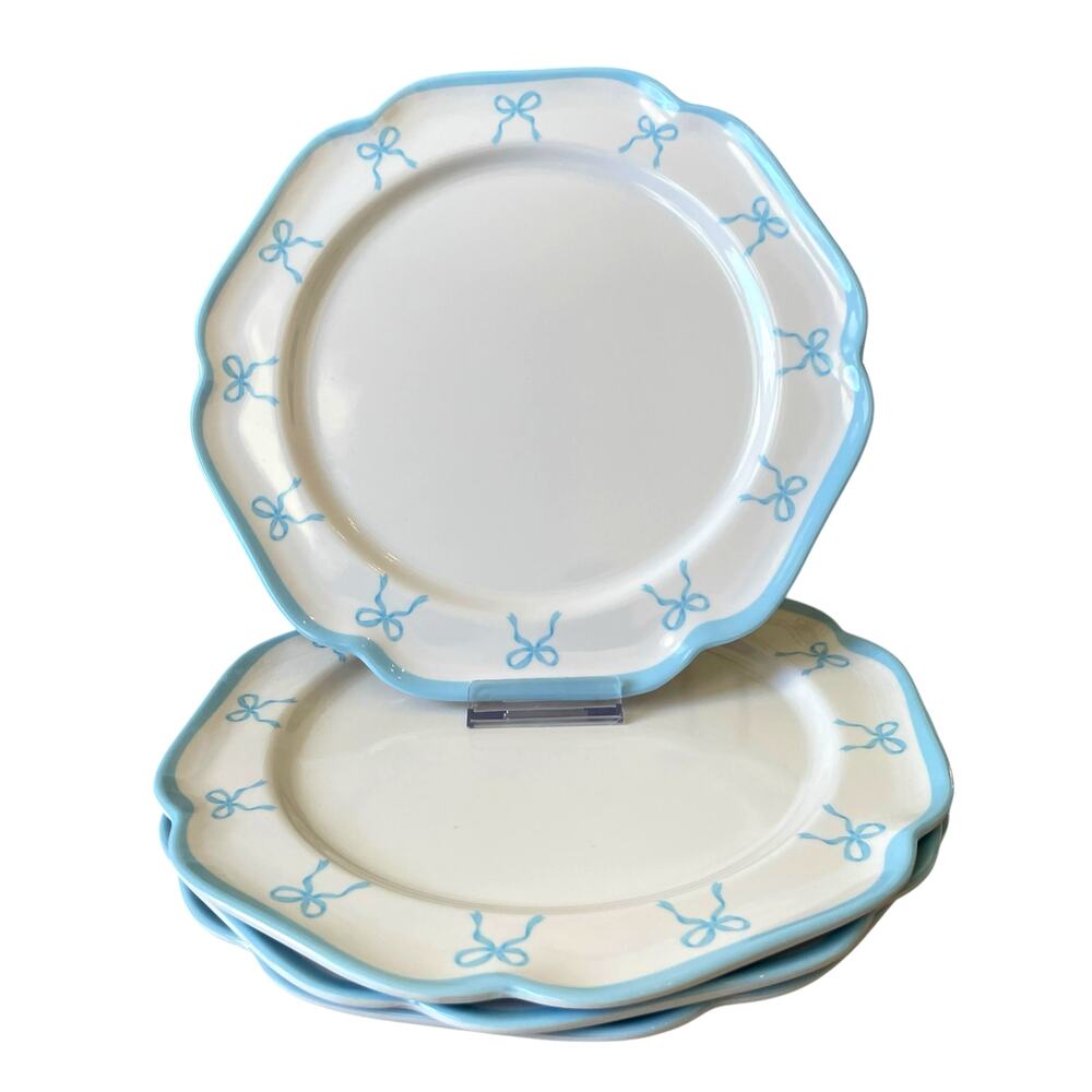 Shabby Chic Blue Bow Border Melamine Dinner Plates 10.5in Set of 4 White New